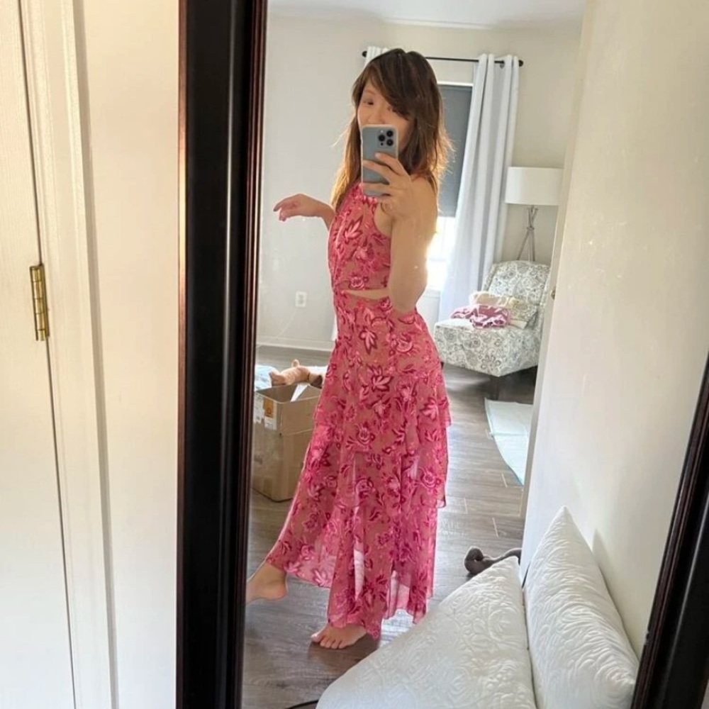 SHEIN Frenchy Random Floral Print Ring Linked Cut Out Layered Hem Chiffon Dress